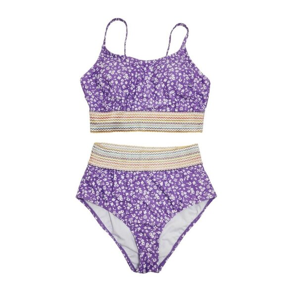 Purple Floral High Waist Bikini Set Swimsuit Striped Band Size L - Picture 1 of 5